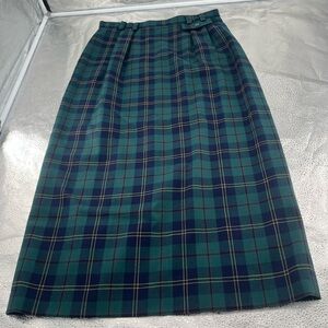 Vintage Preston & York 100% Wool Green Navy Plaid Pencil Skirt Size 12